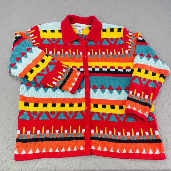 Bedford Fair Sweater‎ Knit Womens X Large Geometric Cardigan Fair Isle Natural - Picture 1 of 8